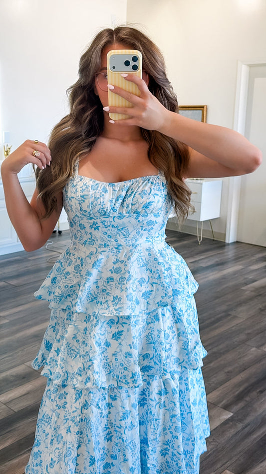 Blue Floral Tiered Maxi Dress